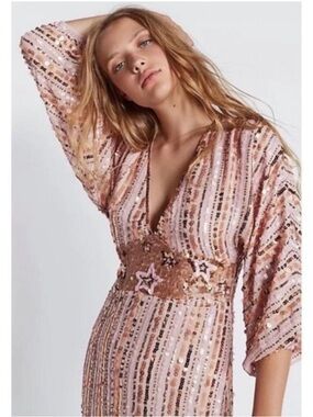 Free People Dress Mini Sequin V-Neck Blush Rose
